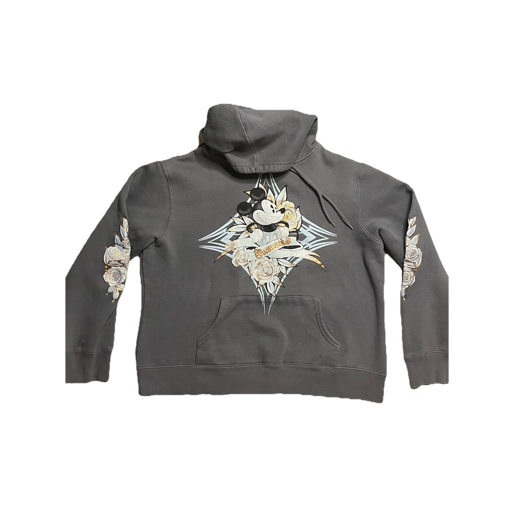 Disney Parks Grey  Hoodie Women's 2XL Mickey Mouse Rose Tattoo Gold Famous